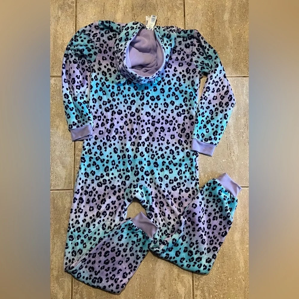 💜The Children's Place Girls Leopard cozy fleece sleepwear Onesie-SZ XL(14) NWT